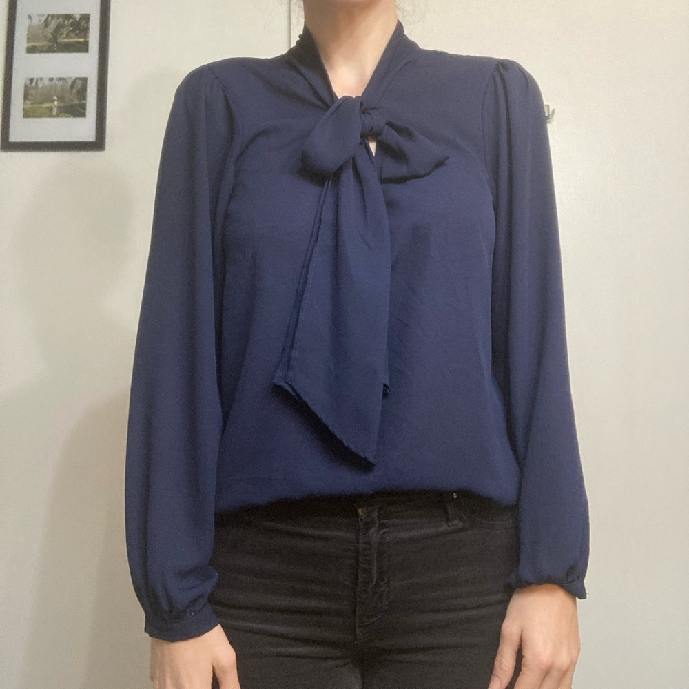 Navy pussybow long sleeve blouse